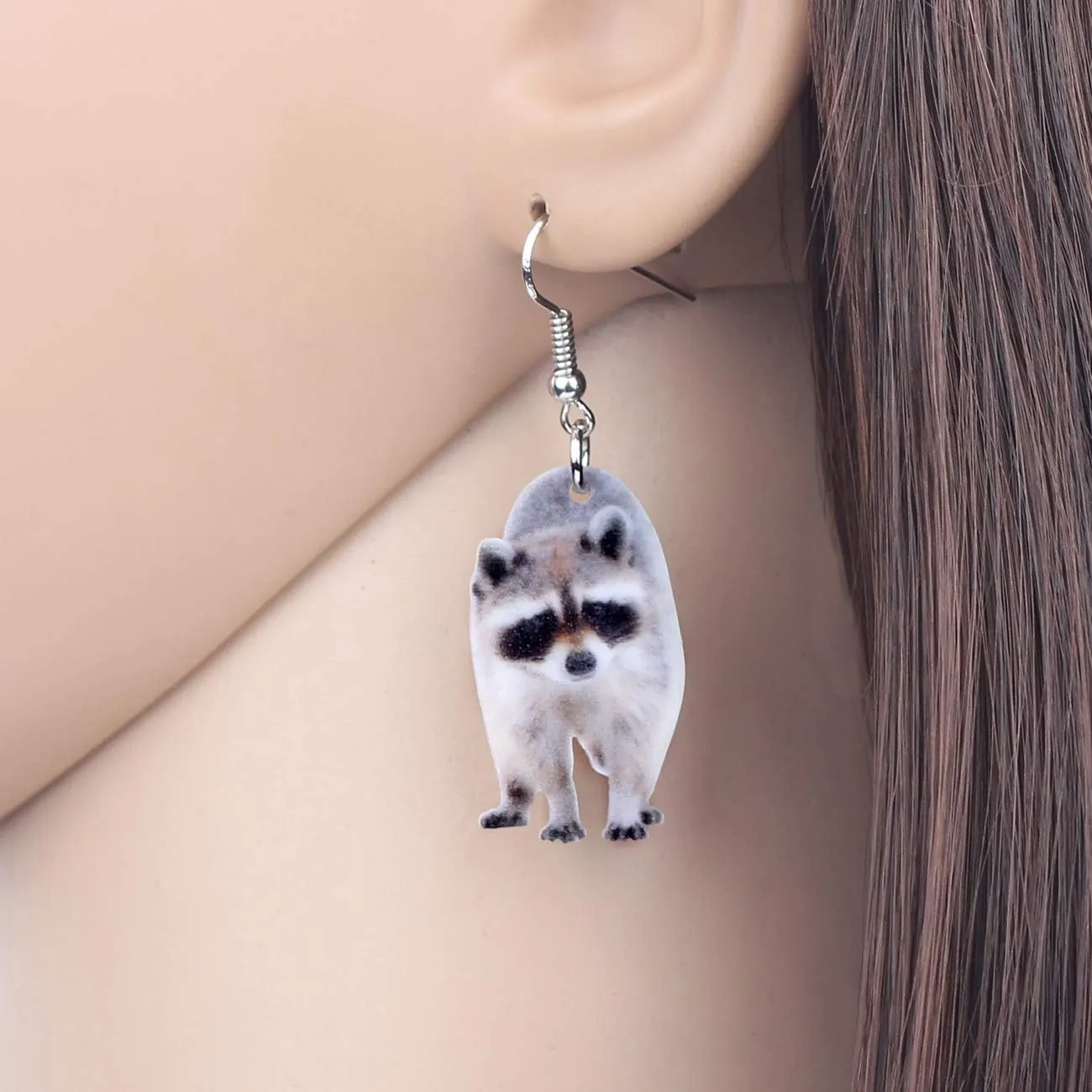 NEWEI Cute Acrylic Grey Raccoon Earrings Dangle Fun Wild Animal Jewelry for Women Charms
