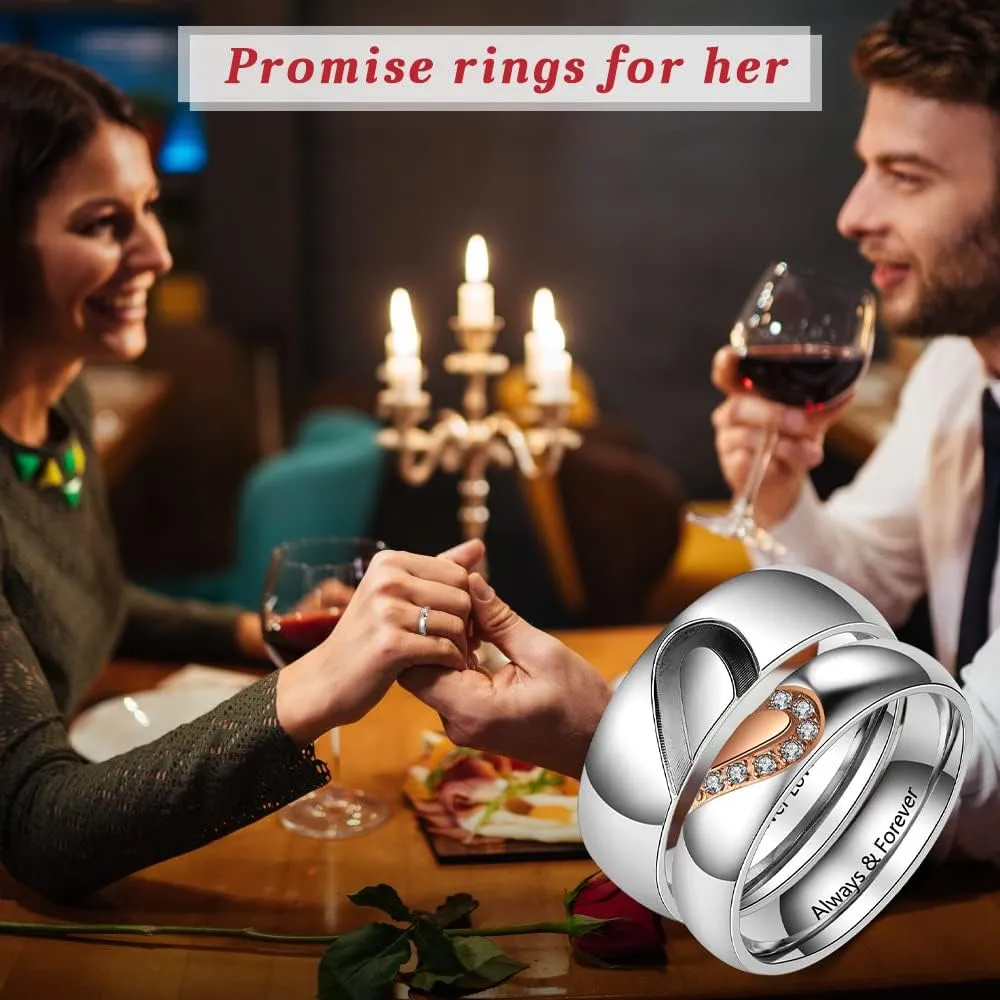 Nobelook Personalized Promise Rings Matching Rings, Custom Couples Rings Set Stainless Steel His & Hers Engagement Rings for Valentines Day Couples Jewelry Wedding Bands