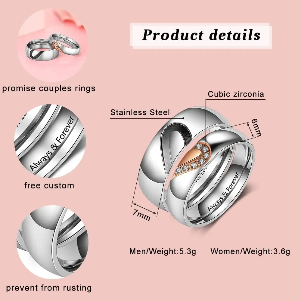 Nobelook Personalized Promise Rings Matching Rings, Custom Couples Rings Set Stainless Steel His & Hers Engagement Rings for Valentines Day Couples Jewelry Wedding Bands