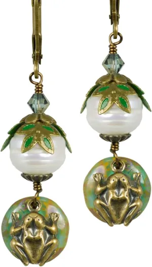 NoMonet Sittin Frog on Flat Glass Lily Pad Earrings, Whimsical Fanciful Freshwater Pearls Crystals & Hand-Painted Leaves, Vintage Filigree, USA-made