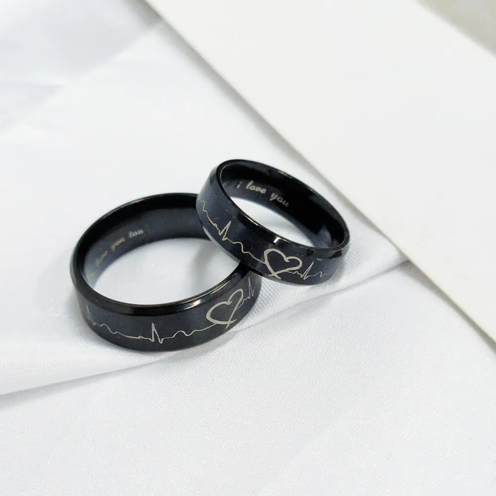 OIDIMS Heartbeat Rings for Couples I Love You Matching Promise Rings Engagement Wedding Bands for Him and Her Boyfriend Girlfriend Lover Anniversary Birthday Stainless Steel Comfort Fit