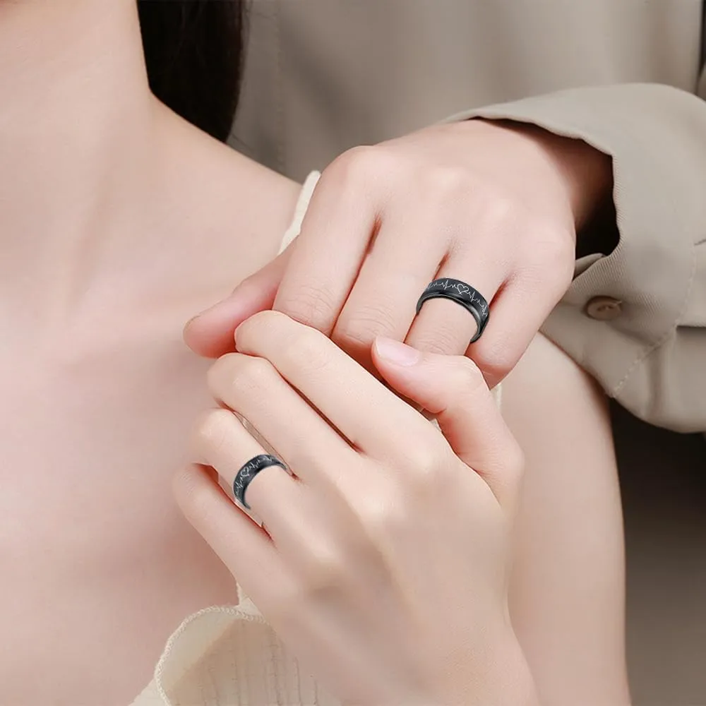 OIDIMS Heartbeat Rings for Couples I Love You Matching Promise Rings Engagement Wedding Bands for Him and Her Boyfriend Girlfriend Lover Anniversary Birthday Stainless Steel Comfort Fit