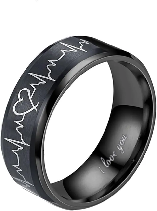 OIDIMS Heartbeat Rings for Couples I Love You Matching Promise Rings Engagement Wedding Bands for Him and Her Boyfriend Girlfriend Lover Anniversary Birthday Stainless Steel Comfort Fit