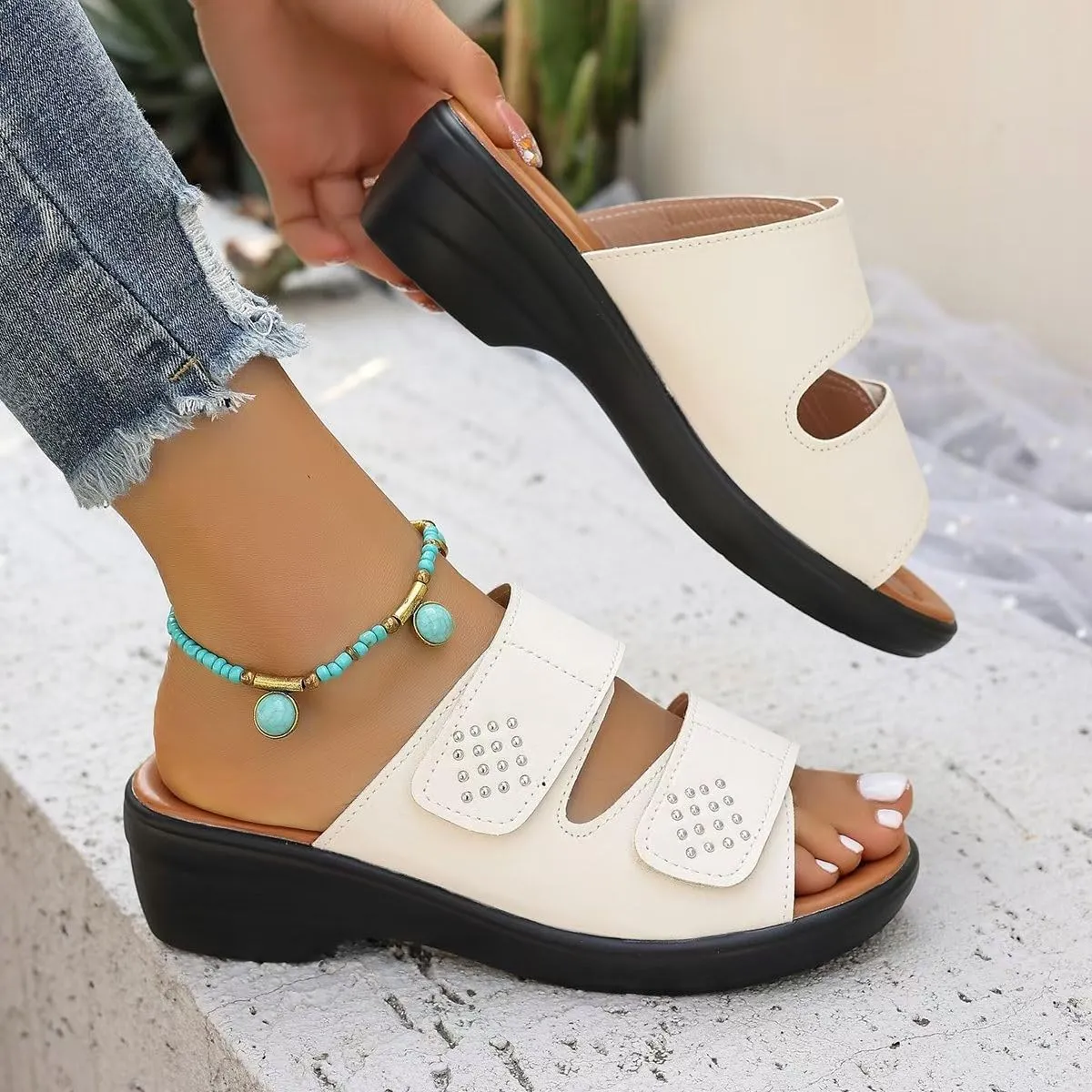 Orthopedic Sandals For Women Arch Support Walking Sandals Two Straps Wedge Sandals Bohemian Comfortable Outdoor Shoes