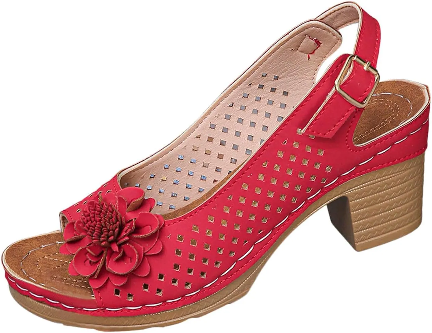 Orthopedic Sandals for Women Casual Non Slip Beach Sandals with Arch Support Dressy Open Toe Ankle Strap Chunky High Heels Sandal Elegant Hollow Out Floral Decor Shoes Fashion Footwear