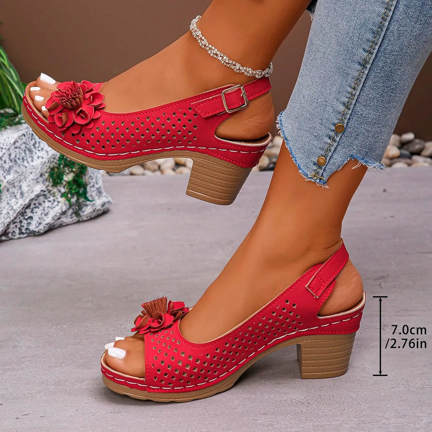 Orthopedic Sandals for Women Casual Non Slip Beach Sandals with Arch Support Dressy Open Toe Ankle Strap Chunky High Heels Sandal Elegant Hollow Out Floral Decor Shoes Fashion Footwear