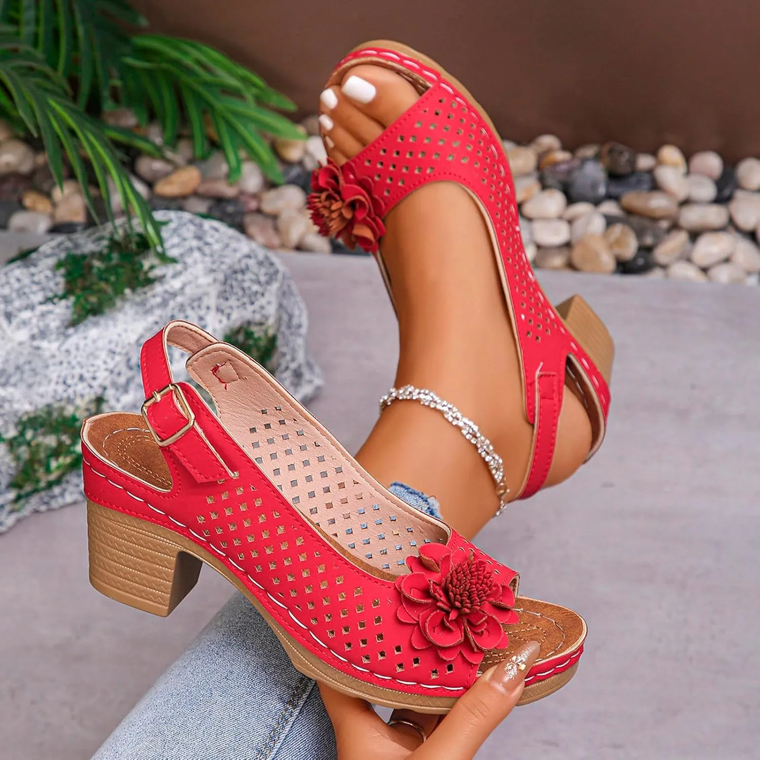 Orthopedic Sandals for Women Casual Non Slip Beach Sandals with Arch Support Dressy Open Toe Ankle Strap Chunky High Heels Sandal Elegant Hollow Out Floral Decor Shoes Fashion Footwear