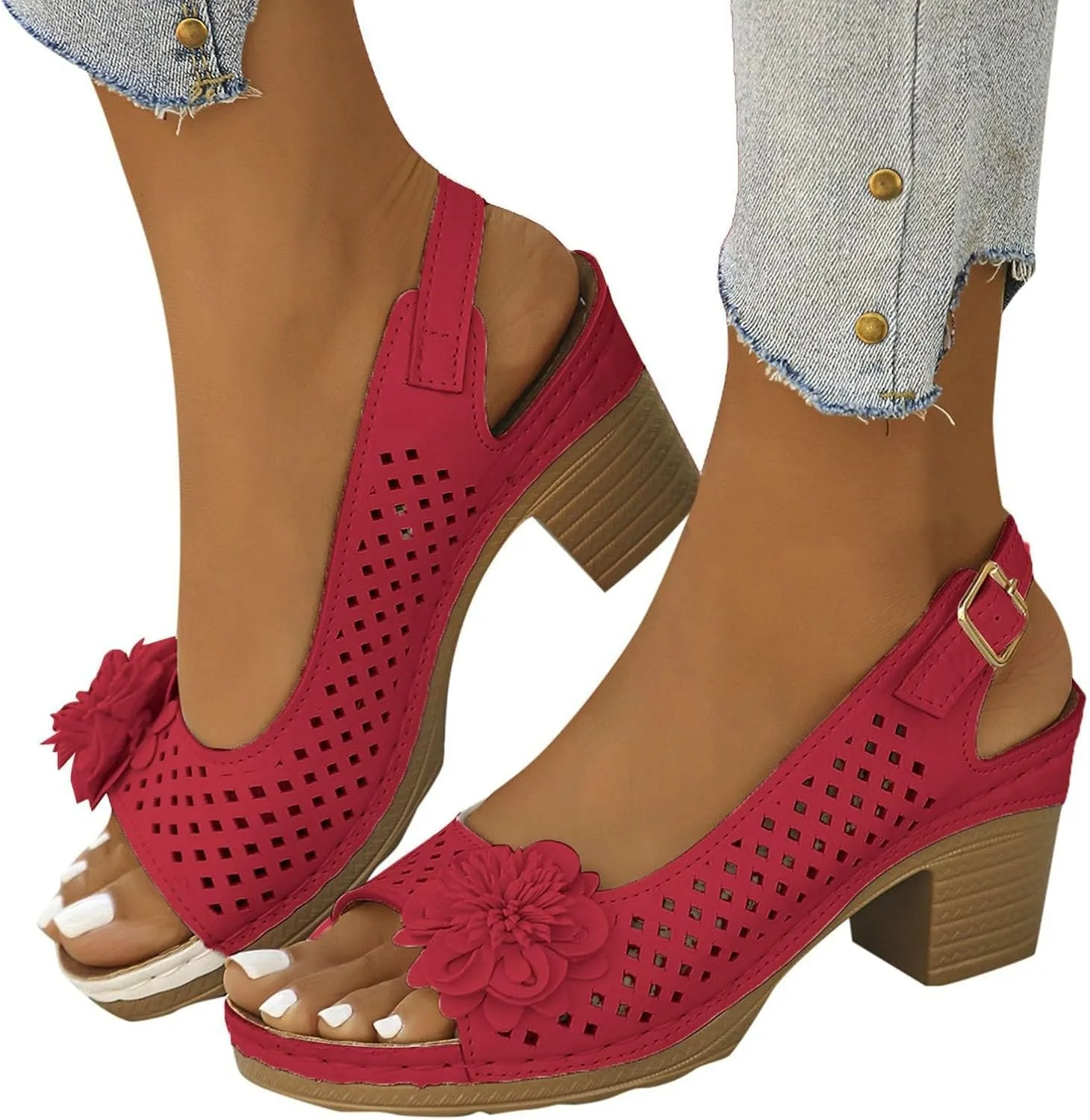 Orthopedic Sandals for Women Casual Non Slip Beach Sandals with Arch Support Dressy Open Toe Ankle Strap Chunky High Heels Sandal Elegant Hollow Out Floral Decor Shoes Fashion Footwear