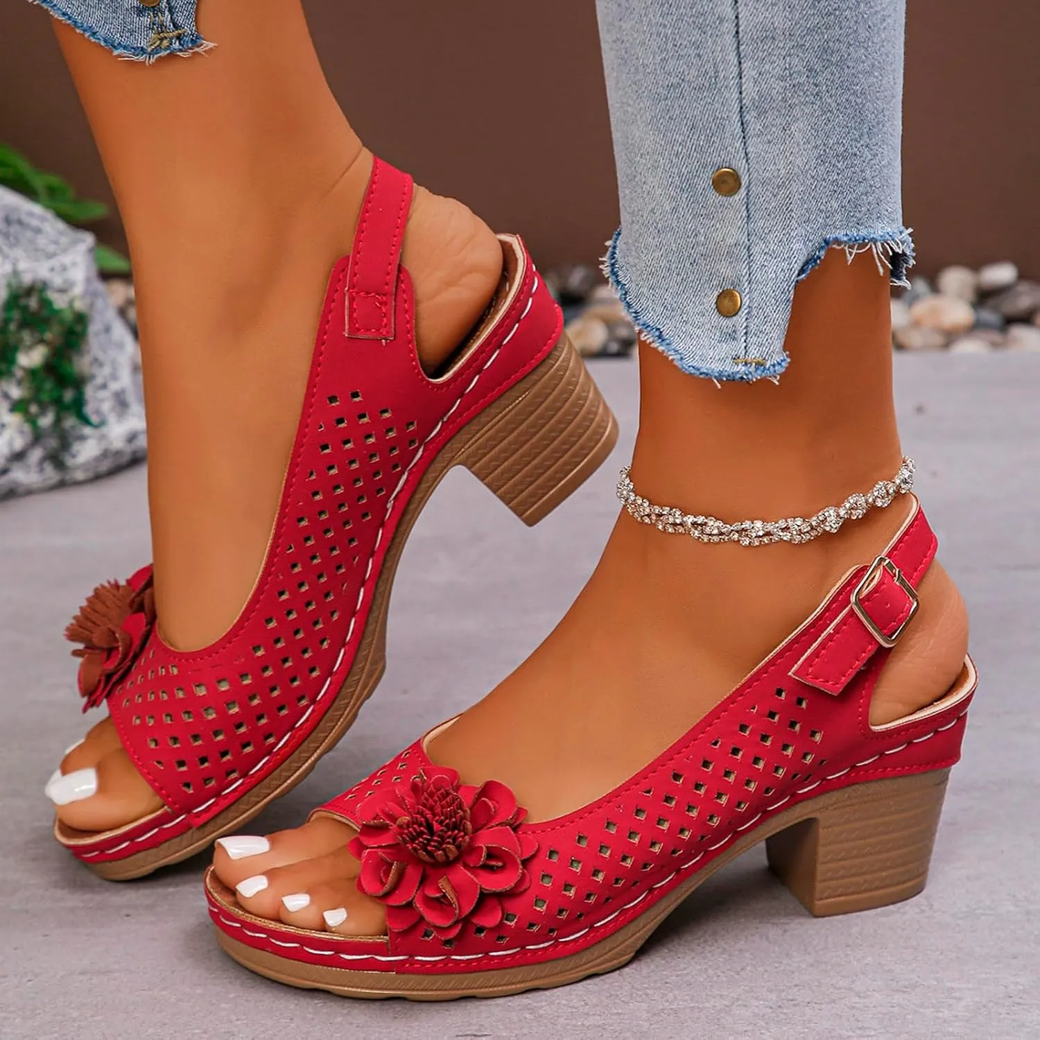 Orthopedic Sandals for Women Casual Non Slip Beach Sandals with Arch Support Dressy Open Toe Ankle Strap Chunky High Heels Sandal Elegant Hollow Out Floral Decor Shoes Fashion Footwear