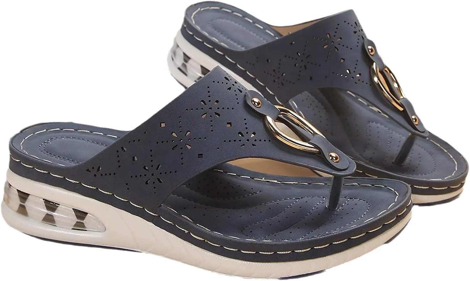 Orthopedic Sandals for Women Casual Open Toe Hollow Out Flip Flops with Metal Summer Comfortable Cushioned Platform Sandals