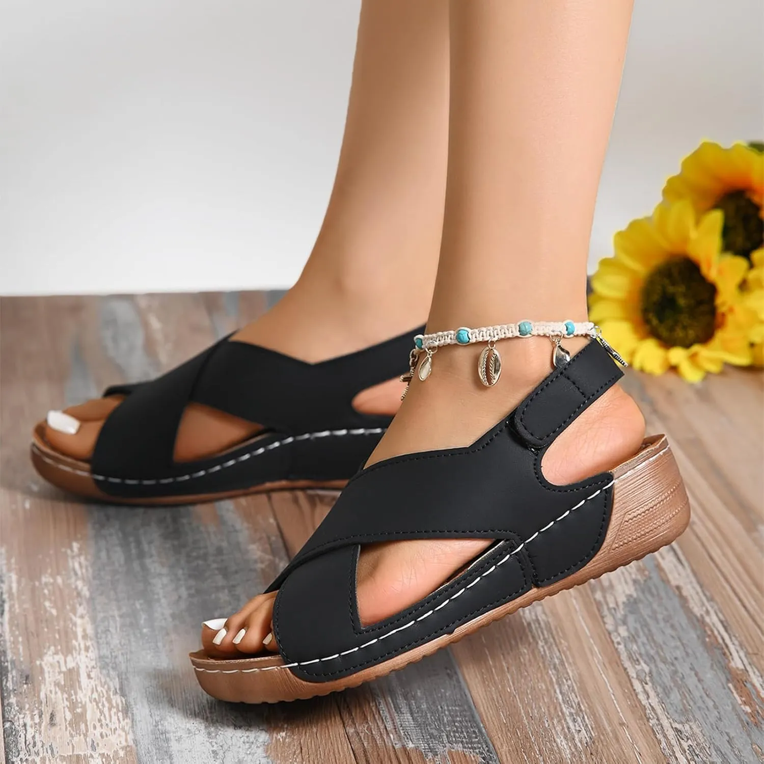 Orthopedic Sandals for Women Summer Arch Support Wedge Sandals, Fashion Cross Strap Open Toe Sandal Comfortable Ankle Strap Flat Casual Outdoor Slip On Slippers