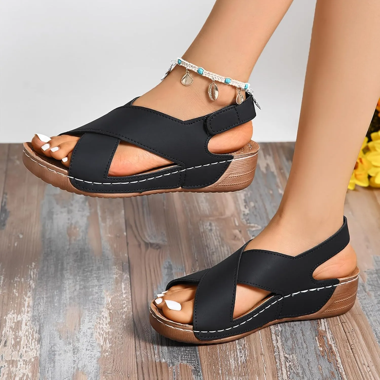 Orthopedic Sandals for Women Summer Arch Support Wedge Sandals, Fashion Cross Strap Open Toe Sandal Comfortable Ankle Strap Flat Casual Outdoor Slip On Slippers