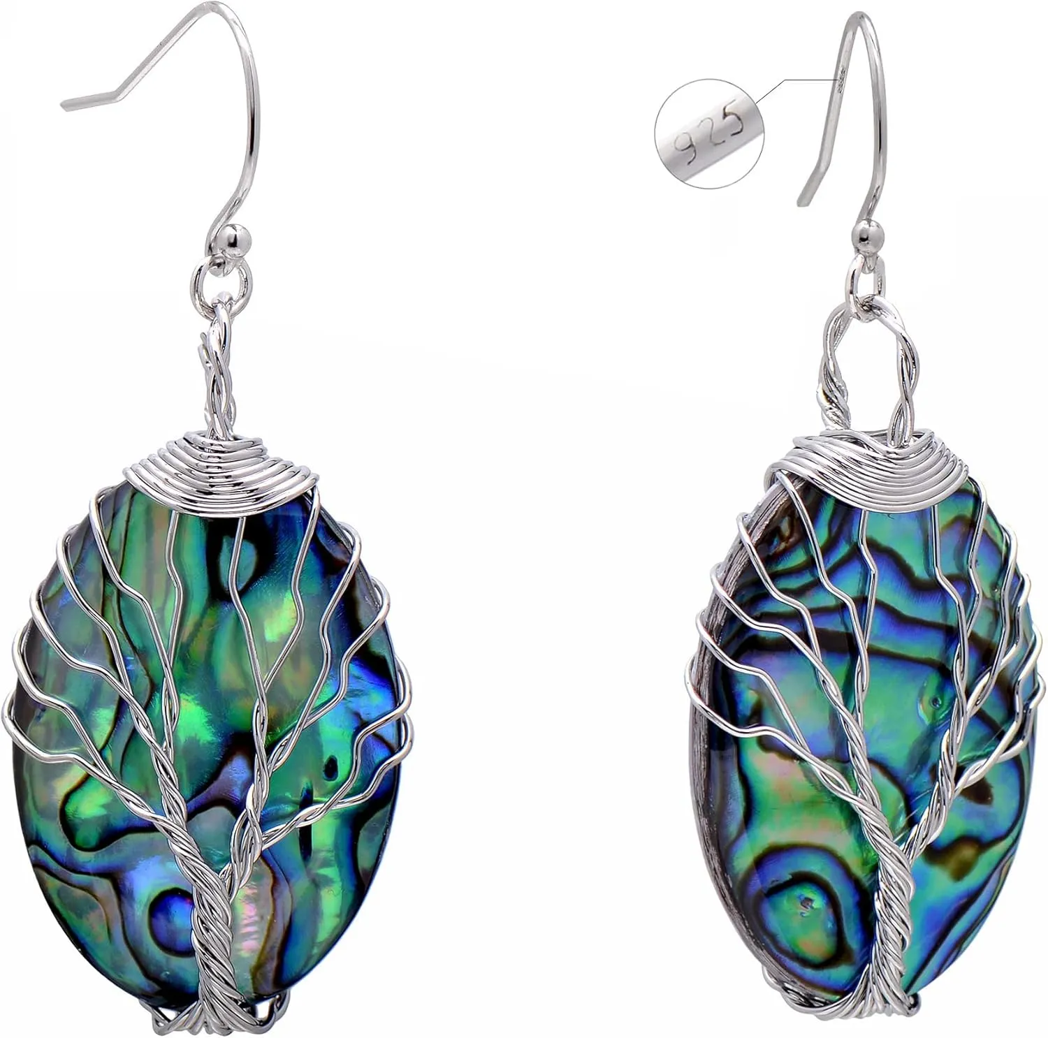 Paialco Oval Dangle Abalone Shell Earrings, Handmade Tree Shape Wrapped Earrings for Women, Sterling Silver Hooks