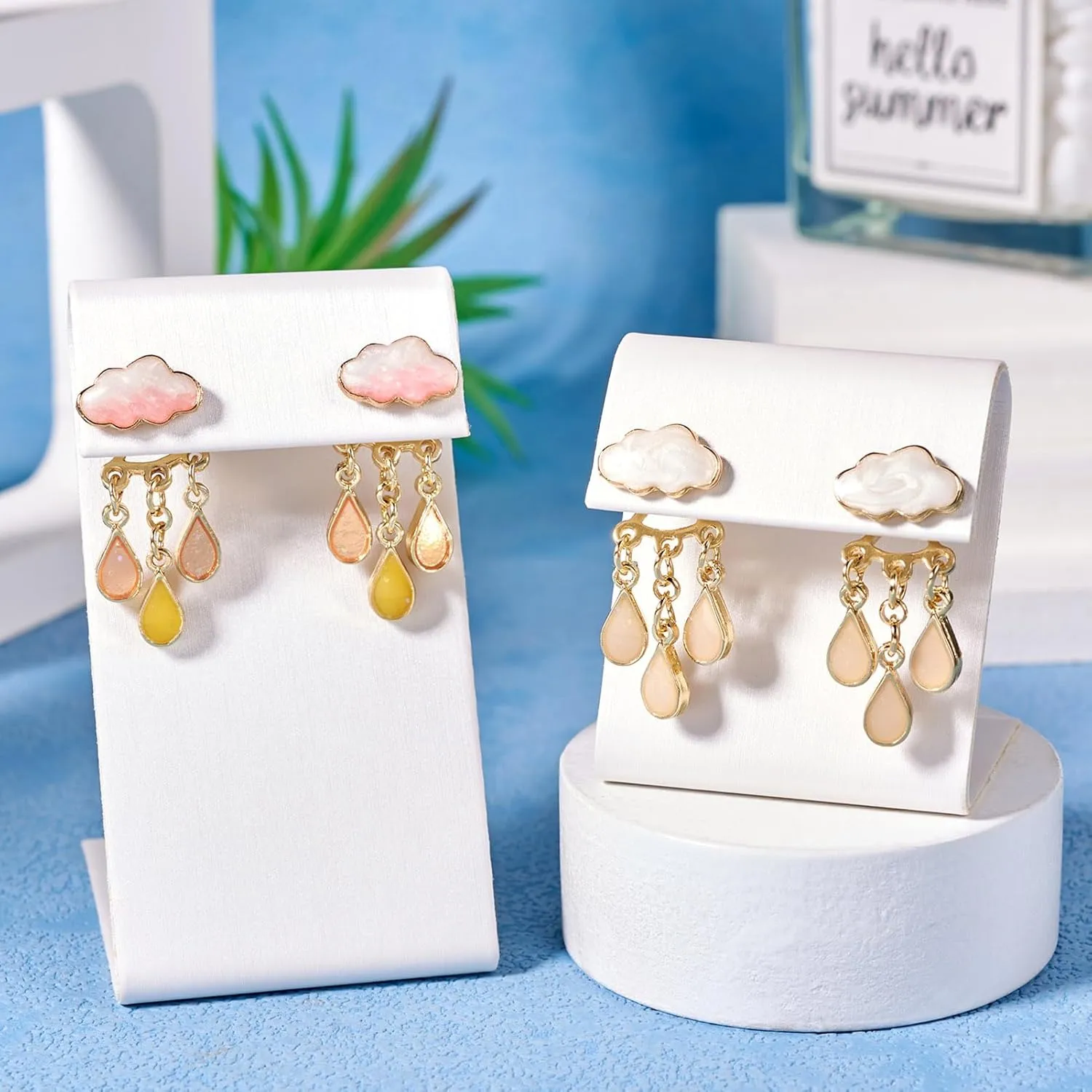 Pandahall 2 Pairs Cute Enamel Cloud Stud Earrings for Women with 925 Sterling Silver Pins, Pink Cloud Weather Raindrops Dangle Drop Earrings Posts for Women Statement Jewelry Gifts