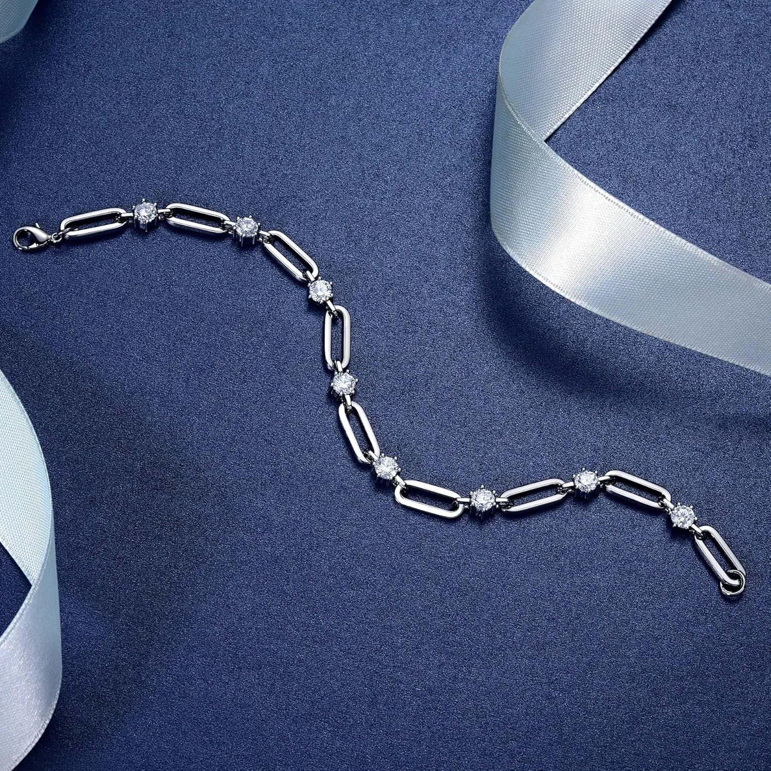Paperclip Bracelet for Women Couple Bracelets with CZ Chain Strand Jewelry Gift for Girls