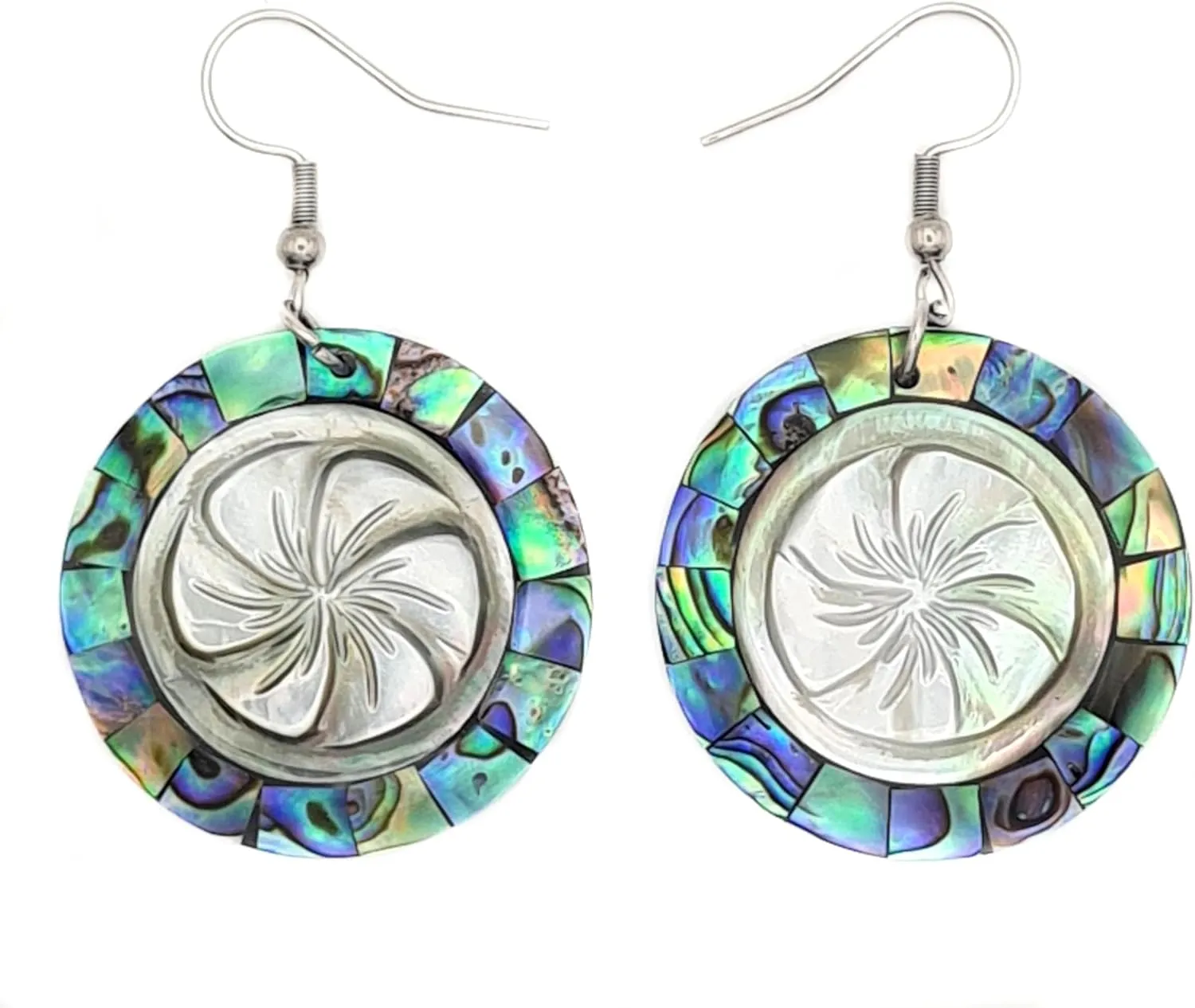 Paua Abalone Shell Earrings, Hand Carved Flower Mother of Pearl Earrings, Dangle Drop Round Abalone Shell Earrings for Women Jewelry CA138