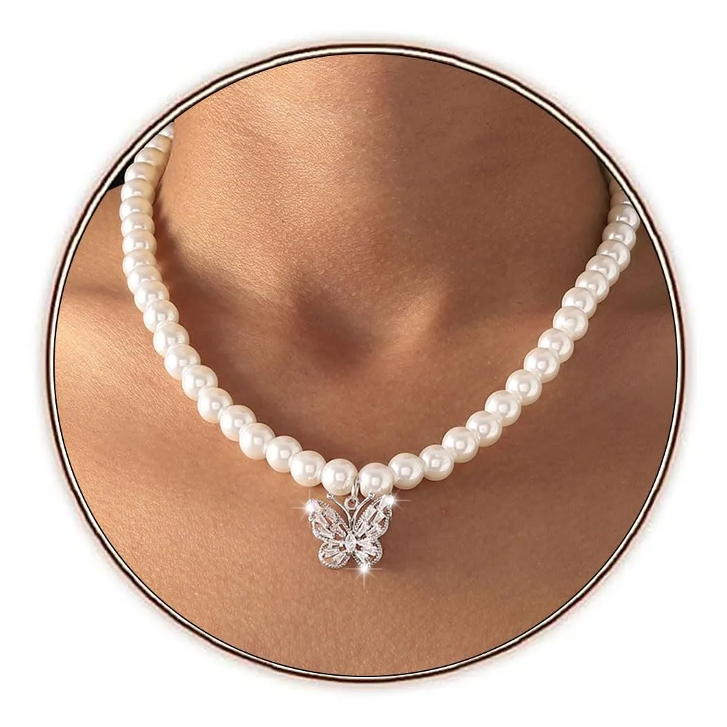 Pearl Choker Necklace Butterfly Pendent Necklaces Chain Rhinestone Neck Jewelrys Adjustable for Women (A-Silver)