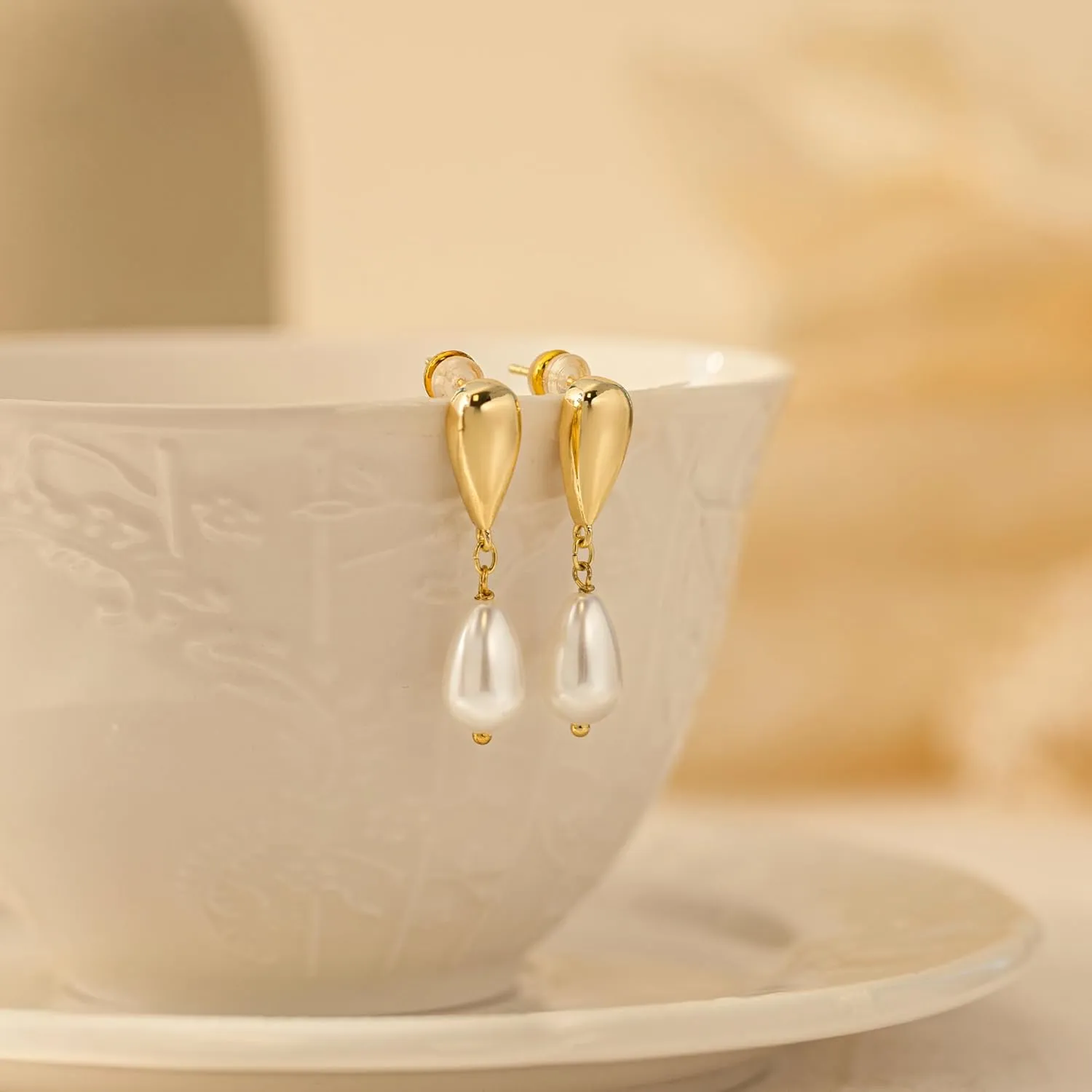 Pearl Earrings-14K Gold Plated Dainty Pearl Drop Simple Wedding CZ Dangle Dangling Cute Stud Earrings for Brides Earrings for Women Gifts