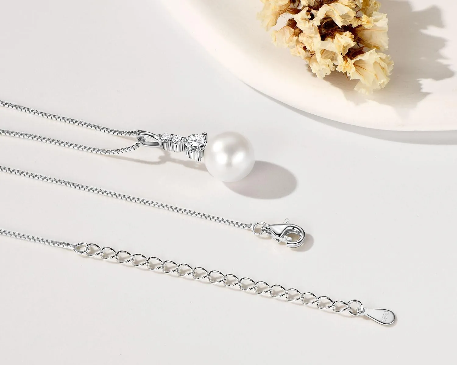 Pearl Necklaces for Women, Sterling Silver Freshwater White Pearl Pendant Necklace with Moissanite Pearl Jewelry Gifts for Wife Mom