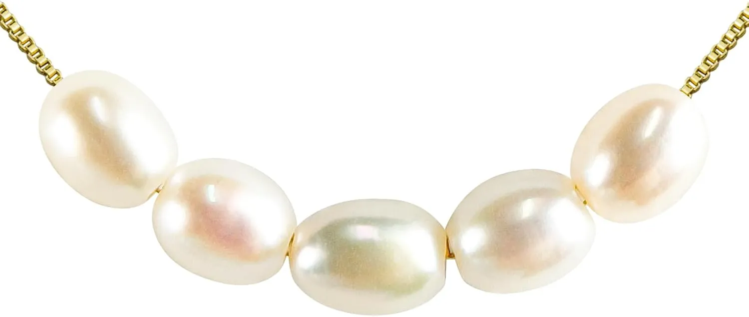 PEARLIE Pearl Necklace for Women, 5 Freshwater Pearl Beads Chain, Gold Choker Necklaces, Summer Dresses Collarbone Necklace Everyday Jewelry
