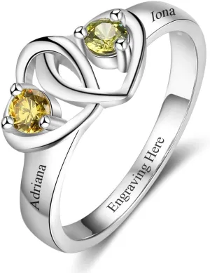 Personalized 2 Birthstones Rings for Women, Engagement Rings for Women,Customize Name for Her, Sterling Silver Jewelry for Mother, Mother Daughter Gift
