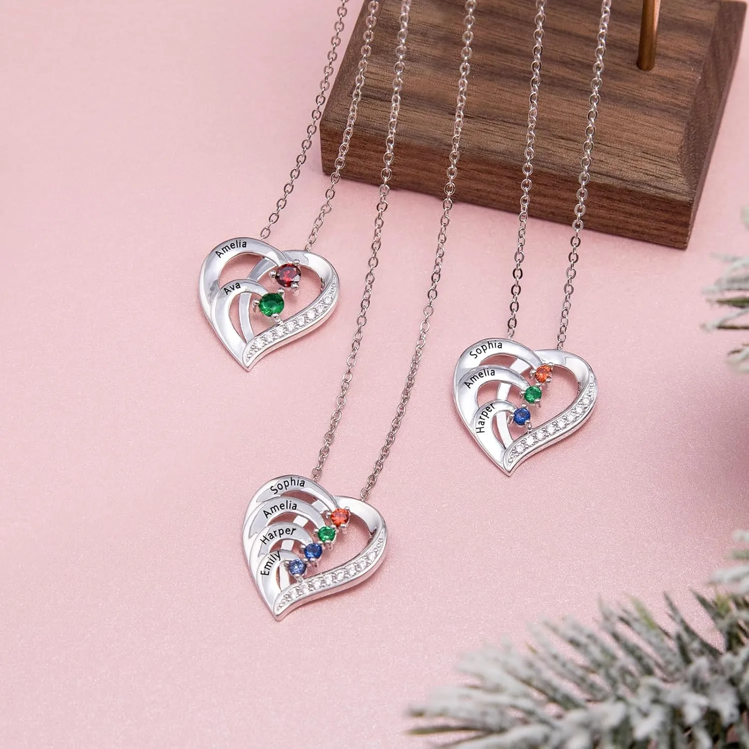 Personalized Heart Name Necklaces for Women with Family Birthstone Custom 2-6 Names Engraved Mother Necklace Christmas Birthday Gifts for Mom Grandma Wife