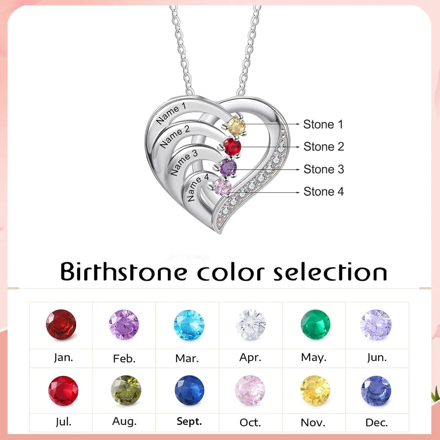 Personalized Heart Name Necklaces for Women with Family Birthstone Custom 2-6 Names Engraved Mother Necklace Christmas Birthday Gifts for Mom Grandma Wife