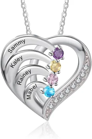 Personalized Heart Name Necklaces for Women with Family Birthstone Custom 2-6 Names Engraved Mother Necklace Christmas Birthday Gifts for Mom Grandma Wife