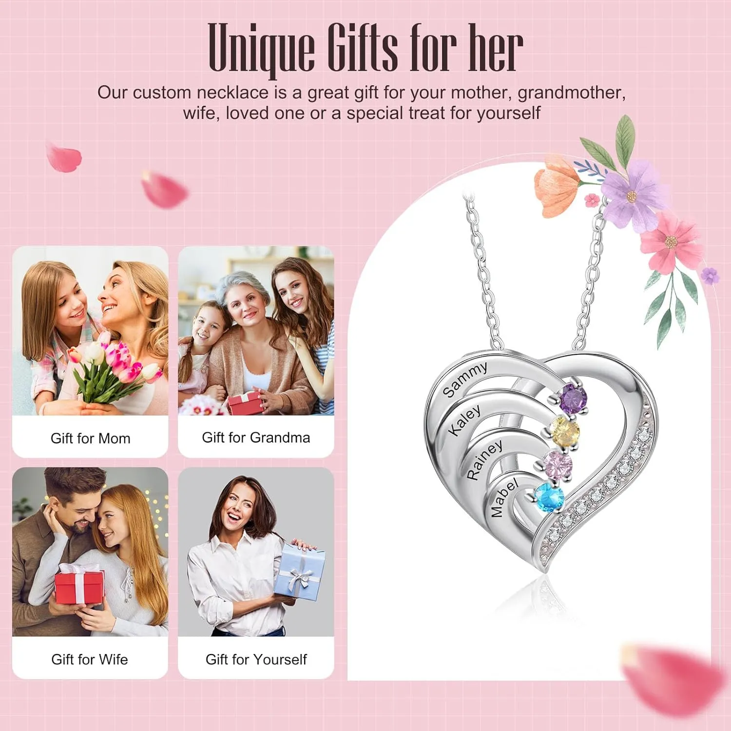 Personalized Heart Name Necklaces for Women with Family Birthstone Custom 2-6 Names Engraved Mother Necklace Christmas Birthday Gifts for Mom Grandma Wife