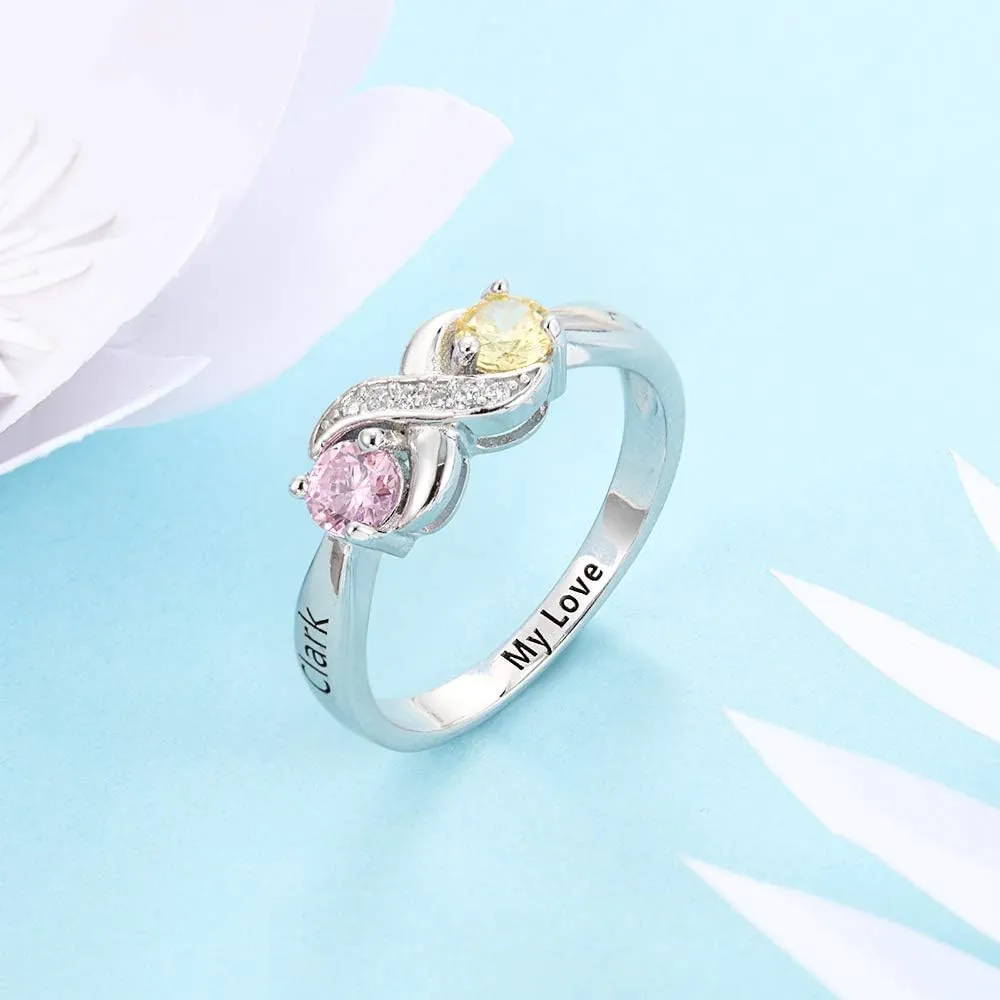 Personalized Infinity Mothers Ring with 2 Round Simulated Birthstones Engagement Promise Rings for Women