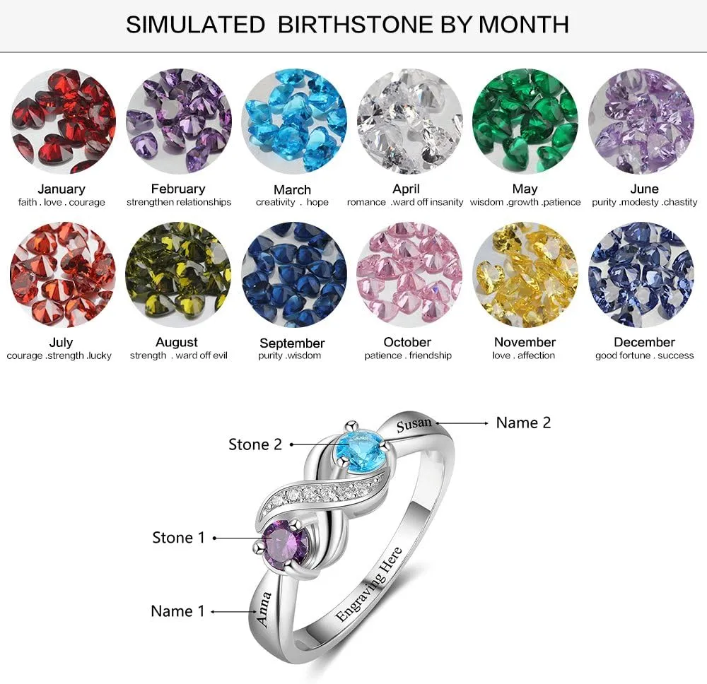 Personalized Infinity Mothers Ring with 2 Round Simulated Birthstones Engagement Promise Rings for Women