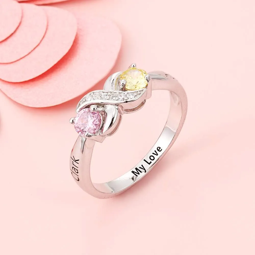 Personalized Infinity Mothers Ring with 2 Round Simulated Birthstones Engagement Promise Rings for Women