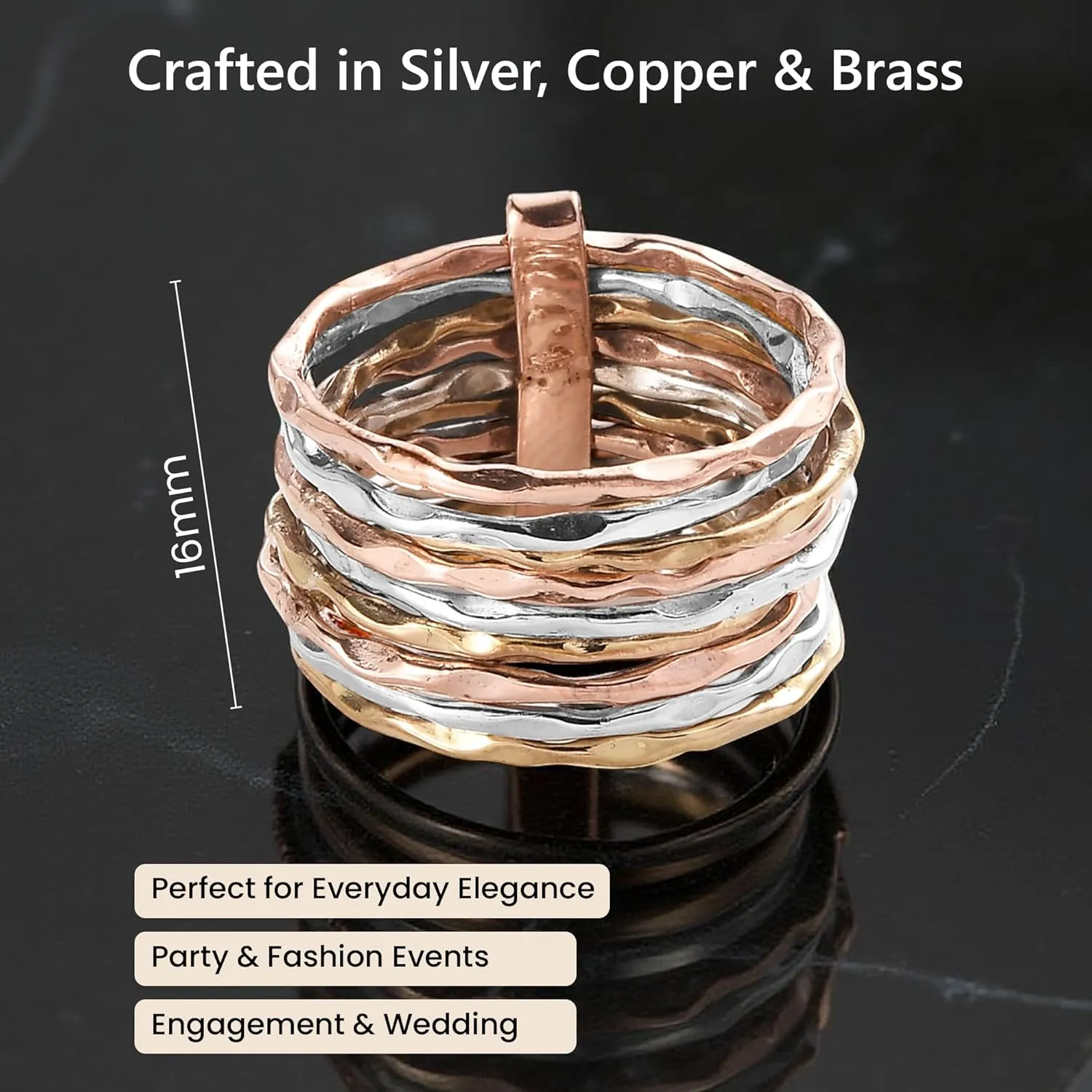 PHNX 3 Tone Hammered Statement Stackable chunky Band Rings For Women SIlver Copper Brass Ring Thin Band for Women, 9 Stacked Rings