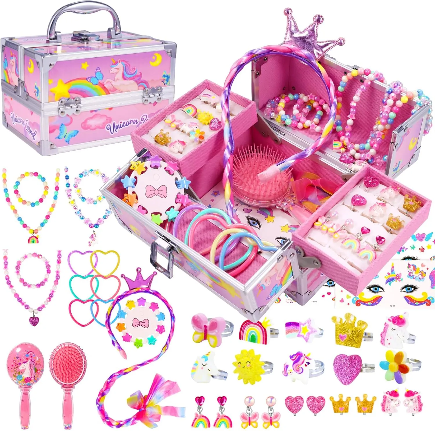 PinkSheep Unicorn Kids Jewelry for Girls: Toddler Princess Dress Up Unicorn Toy Set, Ring Necklace Bracelace Earing Clip for Little Girls, Christmas Gifts for Kids Toddler Jewelry Age 3-8