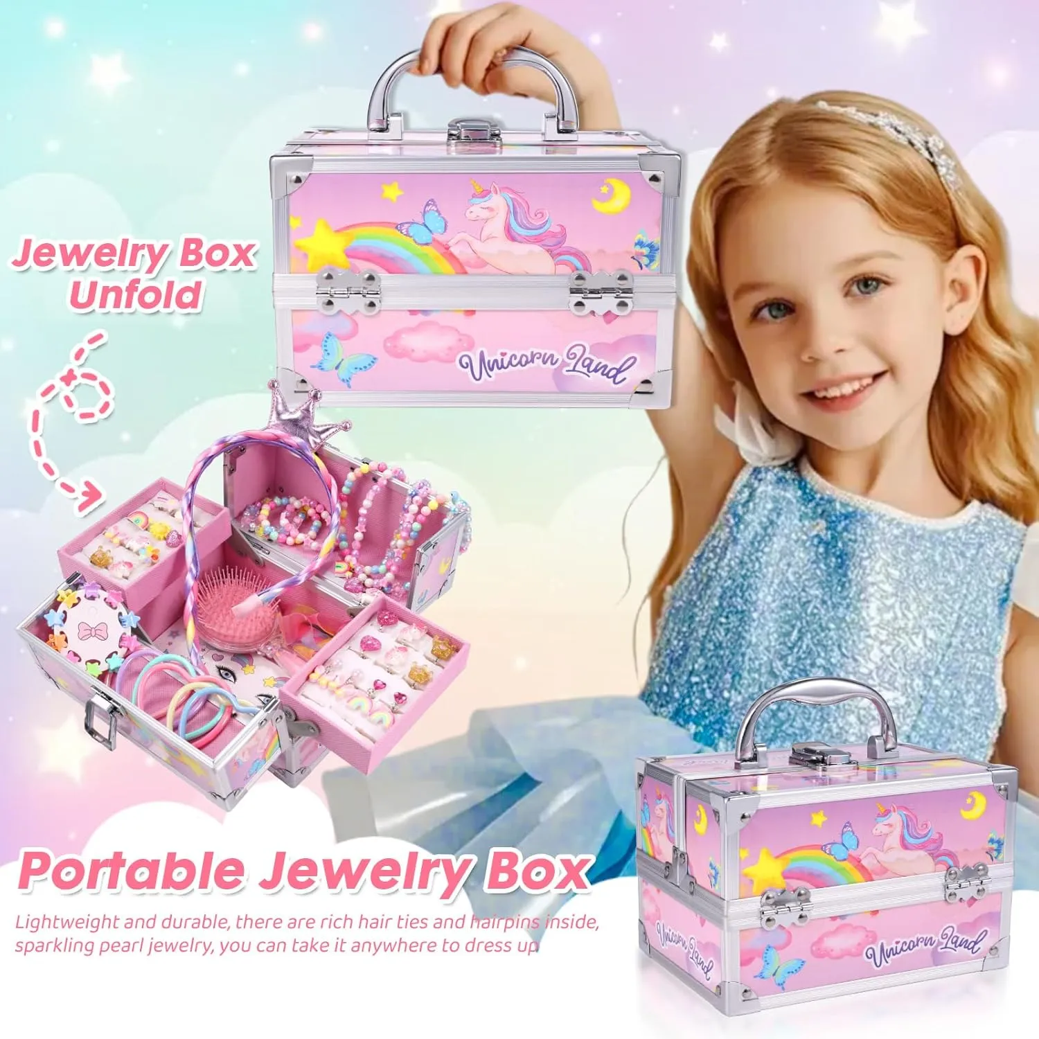 PinkSheep Unicorn Kids Jewelry for Girls: Toddler Princess Dress Up Unicorn Toy Set, Ring Necklace Bracelace Earing Clip for Little Girls, Christmas Gifts for Kids Toddler Jewelry Age 3-8