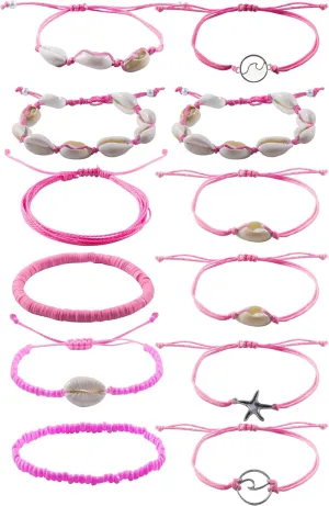 PIPITREE 12Pcs Beach Surfer Wave Bracelets for women, Adjustable Handmade Waterproof Braided String Beaded Anklets Starfish Shell Ankle Bracelet for Women Boho Summer Jewelry