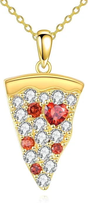 Pizza Necklace 925 Sterling Silver Pizza Pendant Necklaces Zircon Pizza Food Jewelry Gifts for Women Pizza Lovers