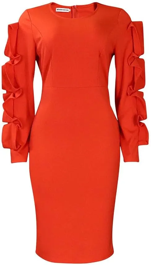 Plus Size Midi Pencil Dress for Women Elegant Ruffle Sleeve Round Neck Bodycon Cocktail Party Formal Dress
