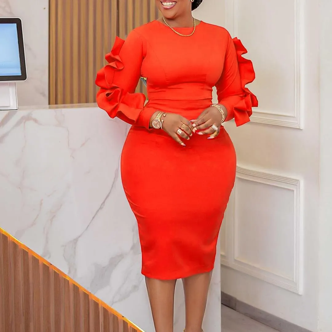 Plus Size Midi Pencil Dress for Women Elegant Ruffle Sleeve Round Neck Bodycon Cocktail Party Formal Dress