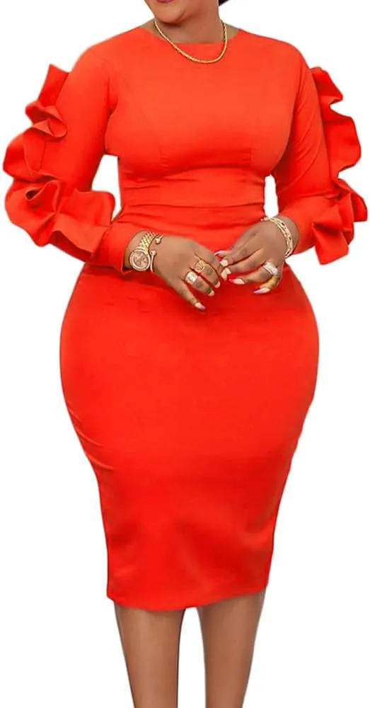 Plus Size Midi Pencil Dress for Women Elegant Ruffle Sleeve Round Neck Bodycon Cocktail Party Formal Dress
