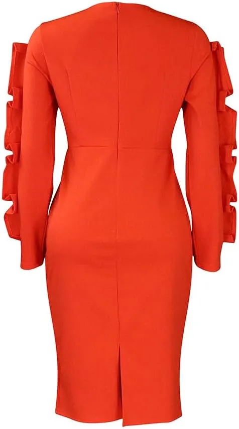 Plus Size Midi Pencil Dress for Women Elegant Ruffle Sleeve Round Neck Bodycon Cocktail Party Formal Dress