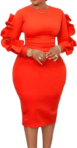 Plus Size Midi Pencil Dress for Women Elegant Ruffle Sleeve Round Neck Bodycon Cocktail Party Formal Dress