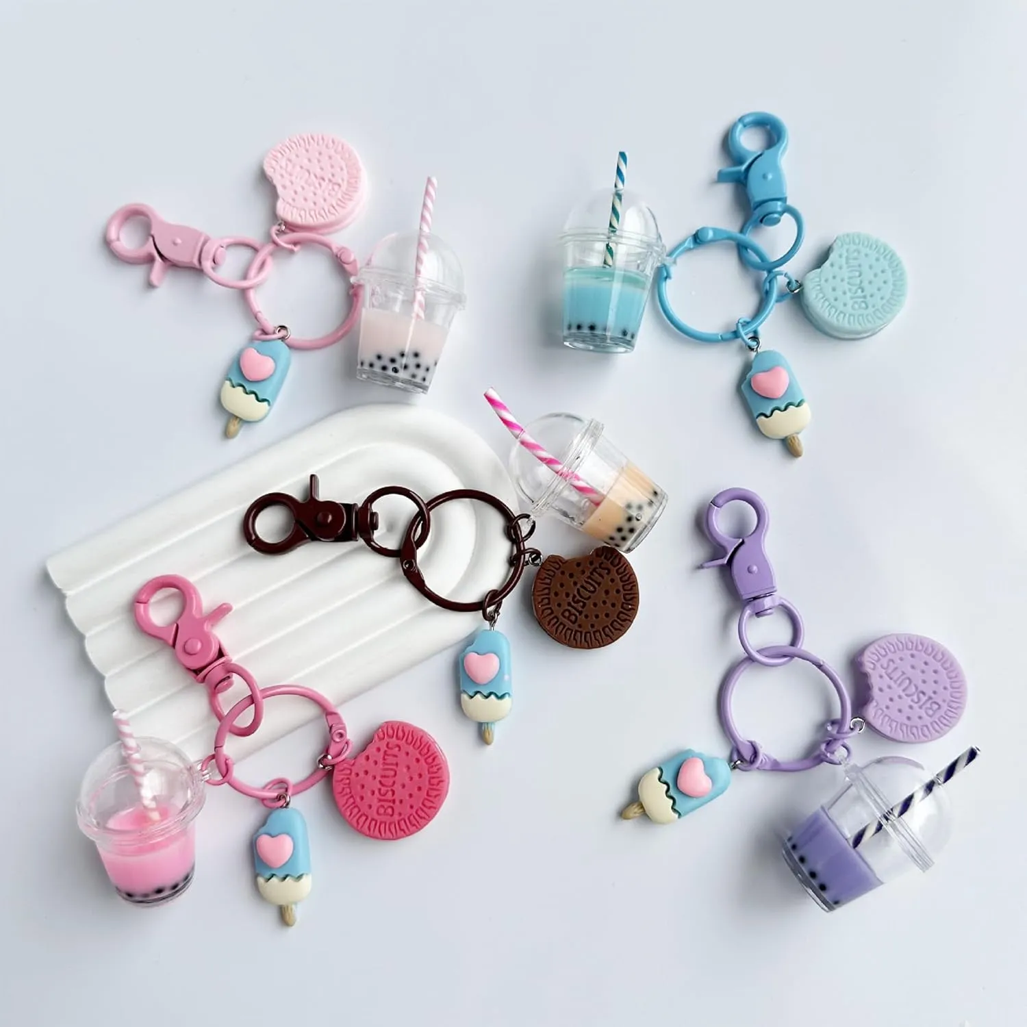 POYAMUSE Kawaii Macaron Color Mini Ice Cream and Boba Keychain Charm, Cute and Whimsical Pendant, Colorful Keychain for Women