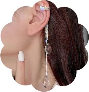 Punk Gemstone Ear Cuff Earrings Long Rhinestone Tassel Earrings Irregular Crystal Earrings Silver Cz Cuff Wrap Earrings Rhinestone Ear Crawler Chain Cuff Earrings Jewelry For Women