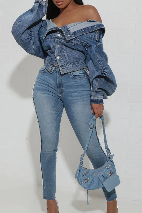 Purpdrank - Light Blue Street Solid Patchwork Pocket Buckle Buttons Turndown Collar Long Sleeve Regular Denim Jacket