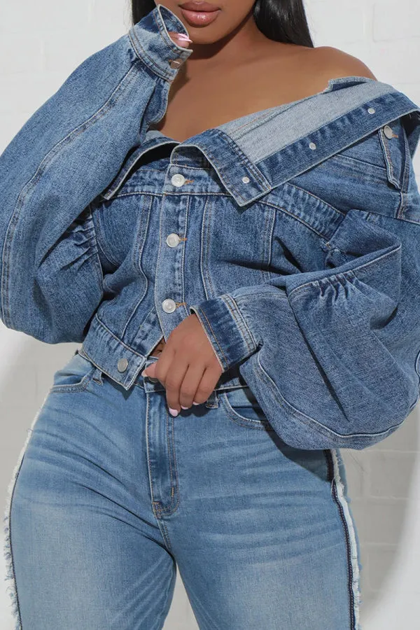 Purpdrank - Light Blue Street Solid Patchwork Pocket Buckle Buttons Turndown Collar Long Sleeve Regular Denim Jacket