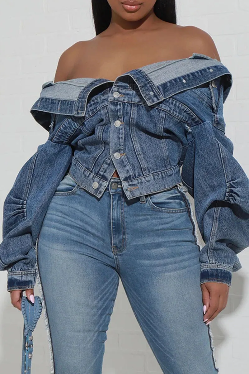Purpdrank - Light Blue Street Solid Patchwork Pocket Buckle Buttons Turndown Collar Long Sleeve Regular Denim Jacket