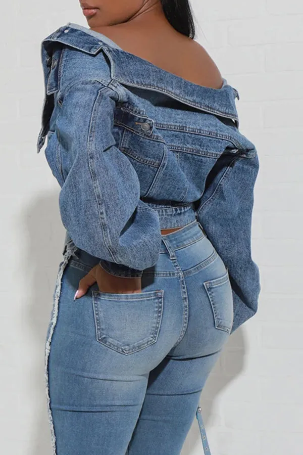 Purpdrank - Light Blue Street Solid Patchwork Pocket Buckle Buttons Turndown Collar Long Sleeve Regular Denim Jacket