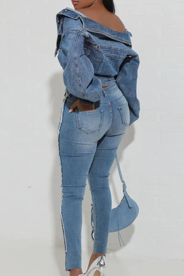 Purpdrank - Light Blue Street Solid Patchwork Pocket Buckle Buttons Turndown Collar Long Sleeve Regular Denim Jacket