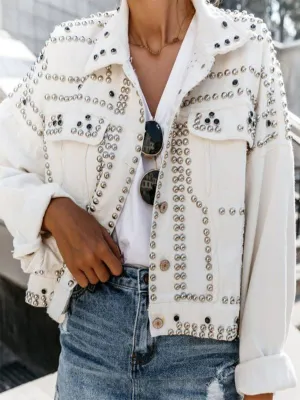 Purpdrank - White Casual Solid Hot Drill Turndown Collar Long Sleeve Loose Denim Jacket